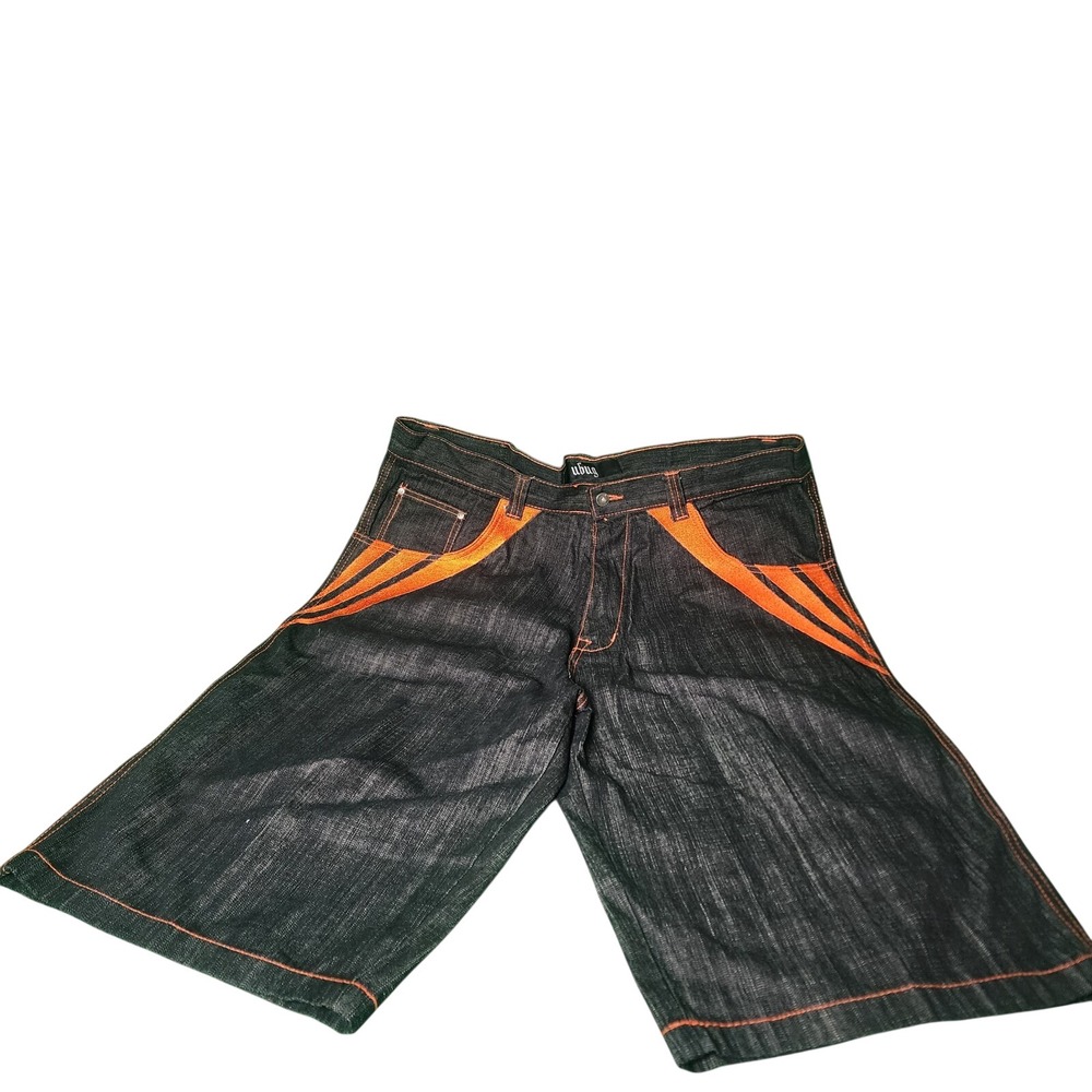 Gorpcore Mens Baggy Denim Shorts Dark Wash Orange Contrast Y2K 40x15 JNCO Skater